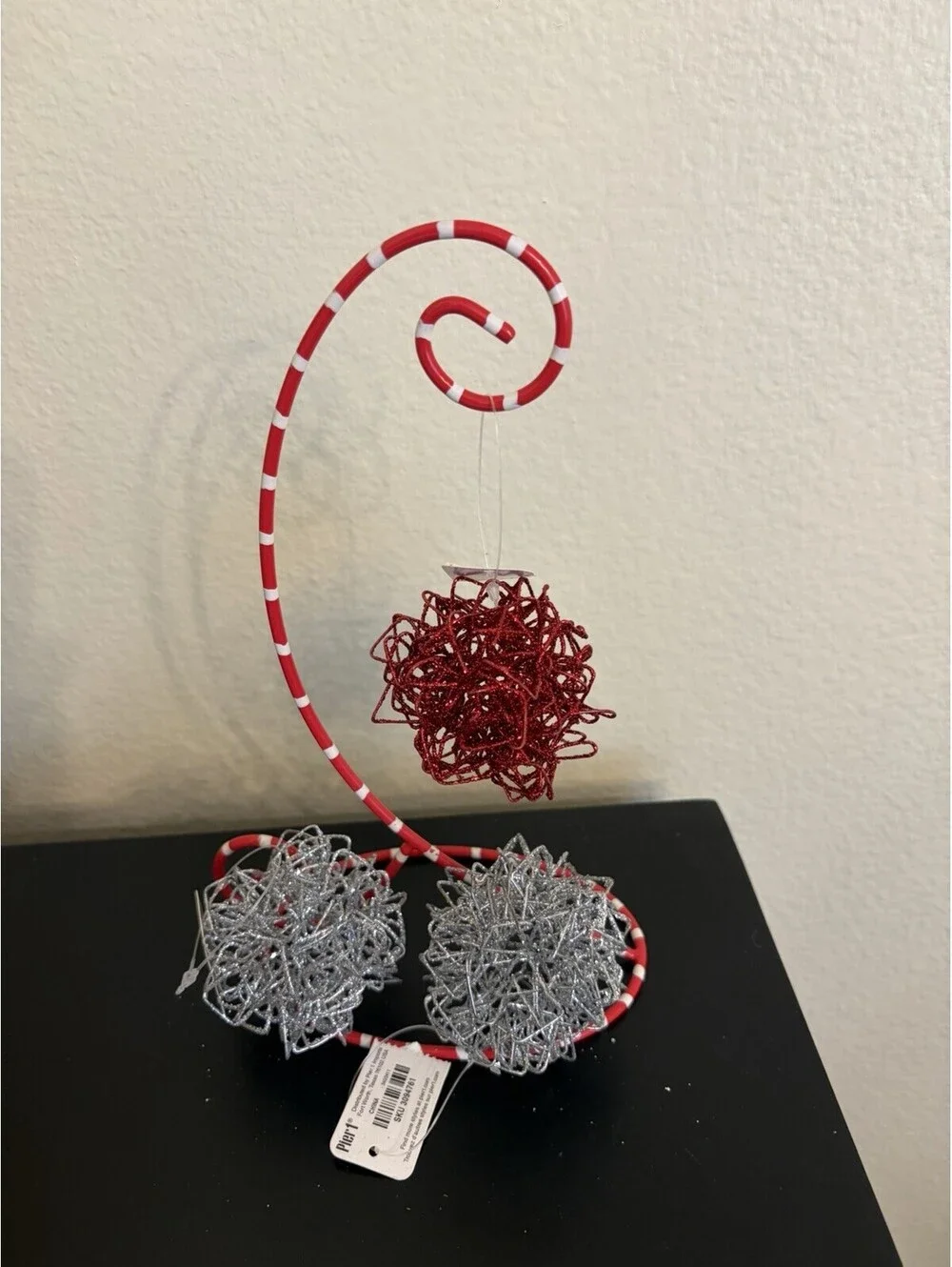 Pier 1 VTG Glitter Ball Wire Ornaments Set Of 3 1Red 2 Silver Tags Hang Or Sit
